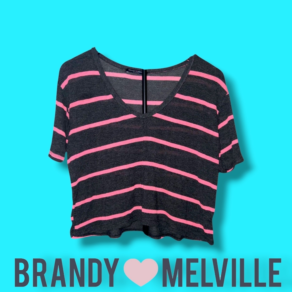 Brandy Melville Black and Pink Cropped T-Shirt